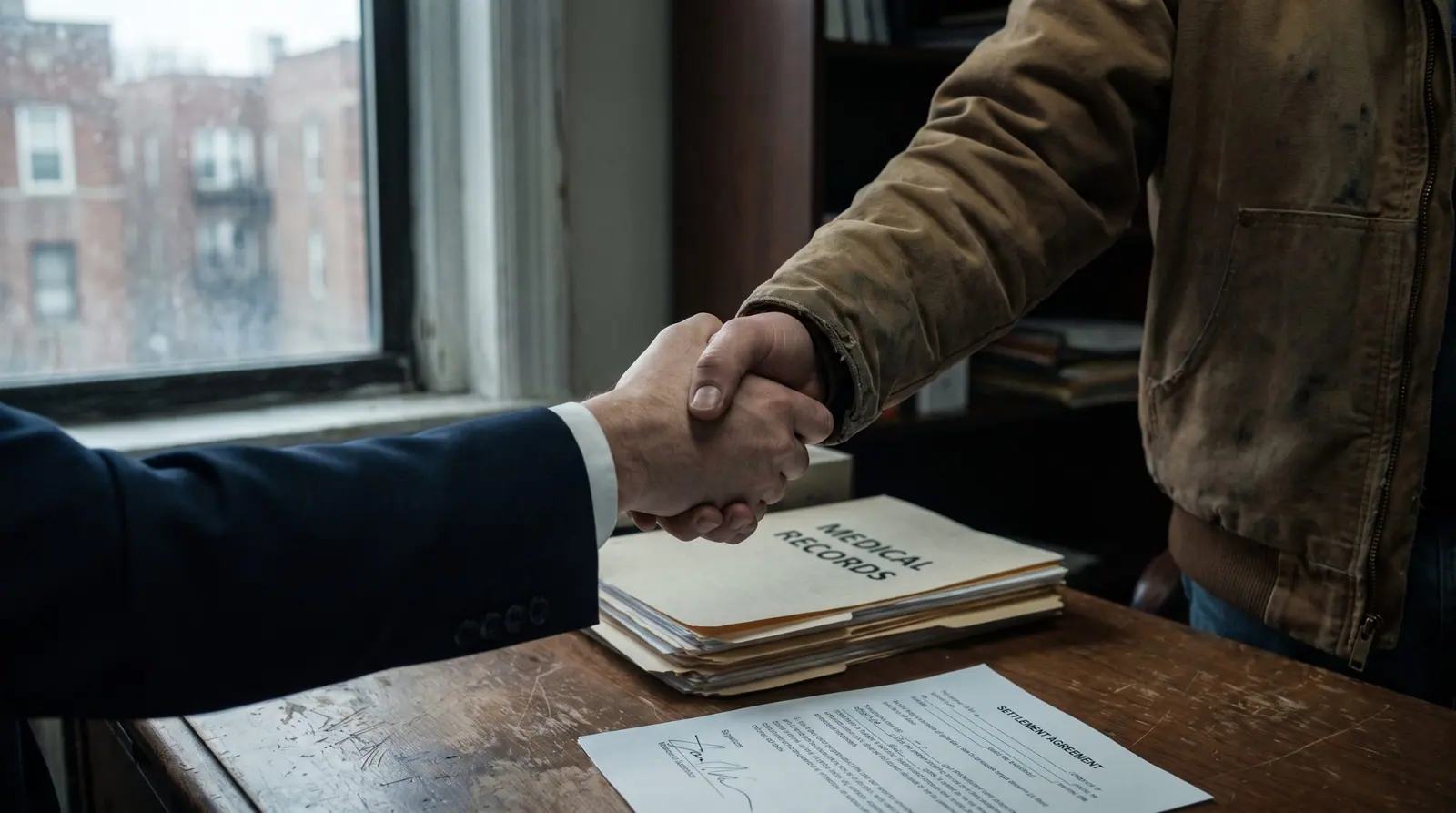 A handshake across a desk stacked with medical records