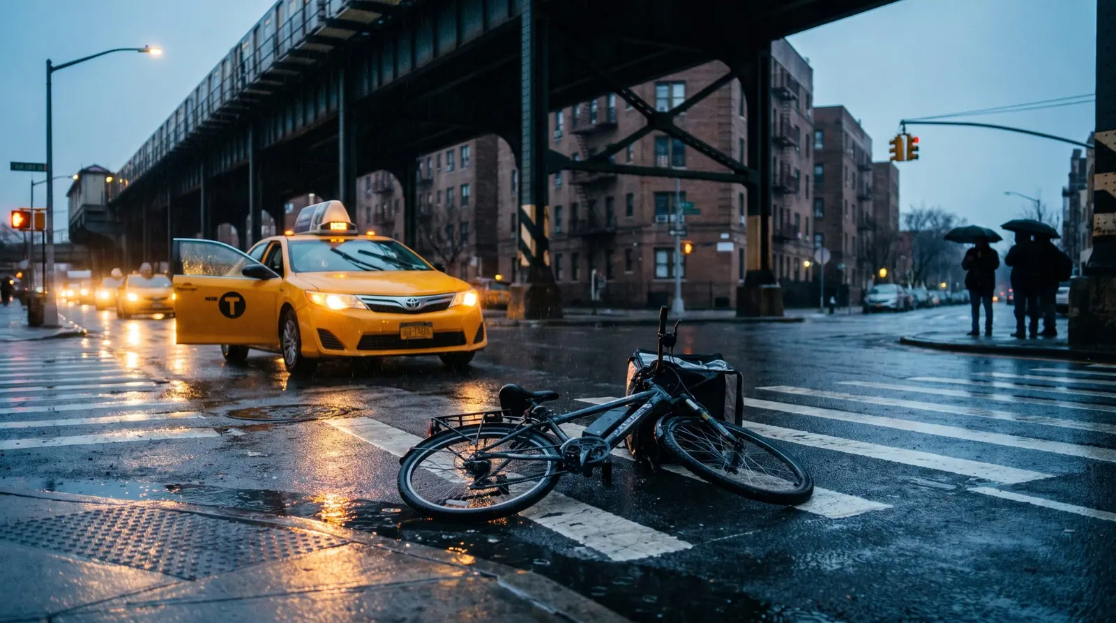 A taxi stopped at a rainy crosswalk under the elevated train, a bicycle down in the street