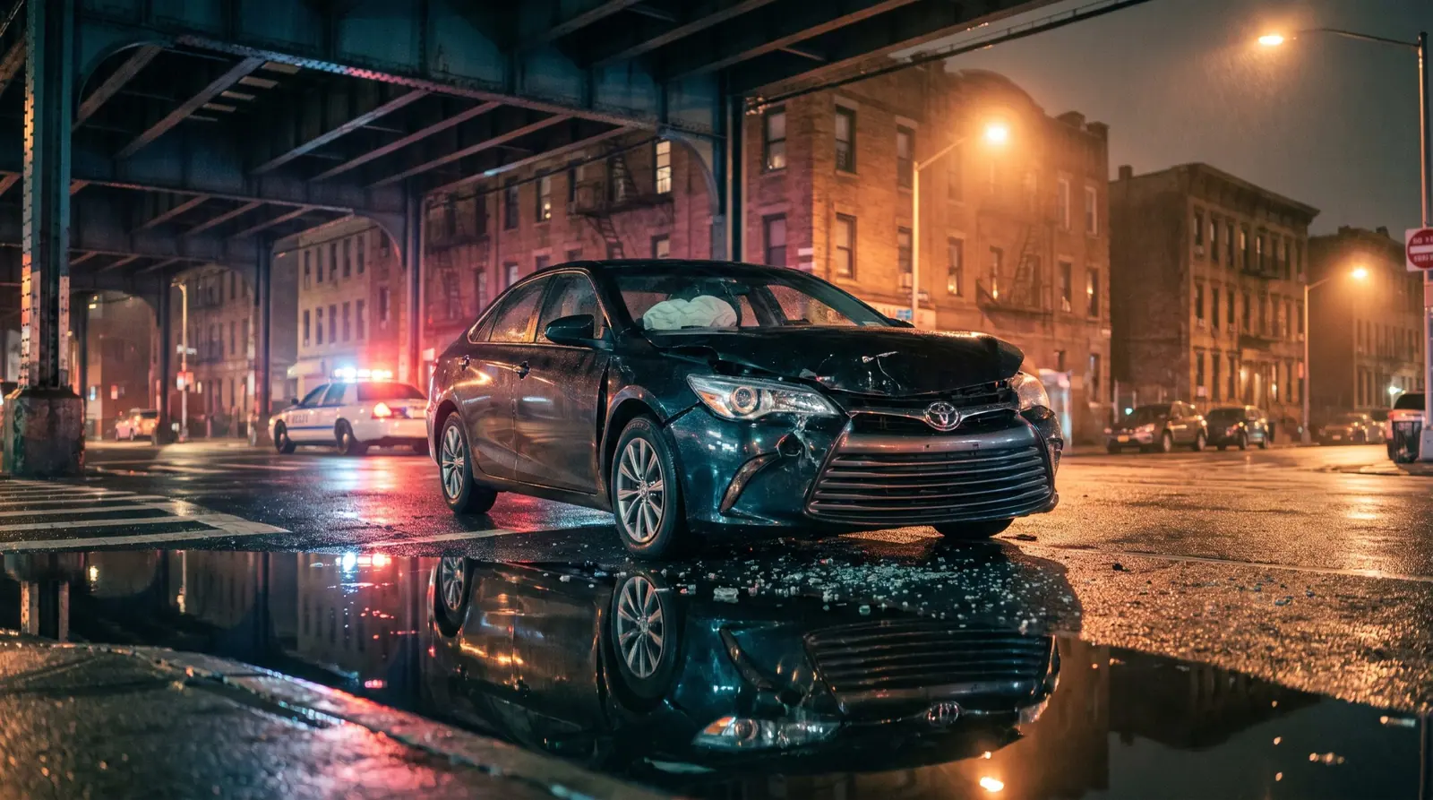 A damaged sedan at night under an elevated train, emergency lights behind it